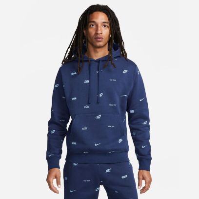 sweat a capuche nike fleece print bleu homme fb7434 410