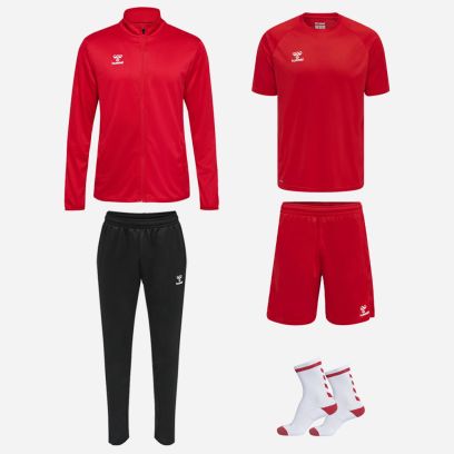 Set producten Hummel Essential voor Heren. Jersey + Korte broek + Korte sokken + Zweetjack + Trainingsbroek (5 artikelen)